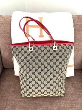 Gucci authentic gray black monogram canvas shopper tote bag red leather